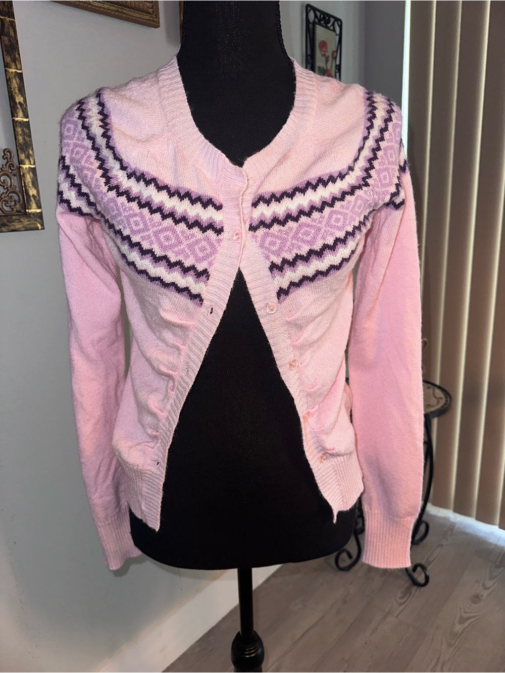 Vintage Y2K 90s Energie Pink Purple White Fair Isle Patterned Cardigan Sweater